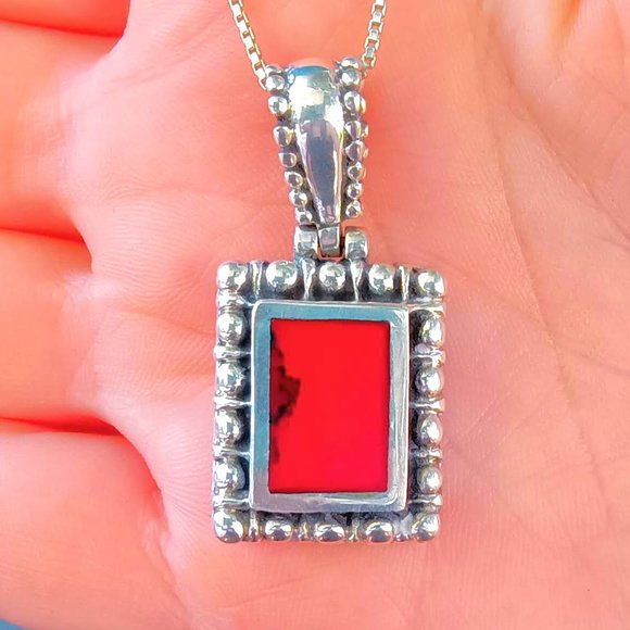 Vintage Sterling Silver Red Jasper Pebbled Pendant Necklace - Picture 3 of 13
